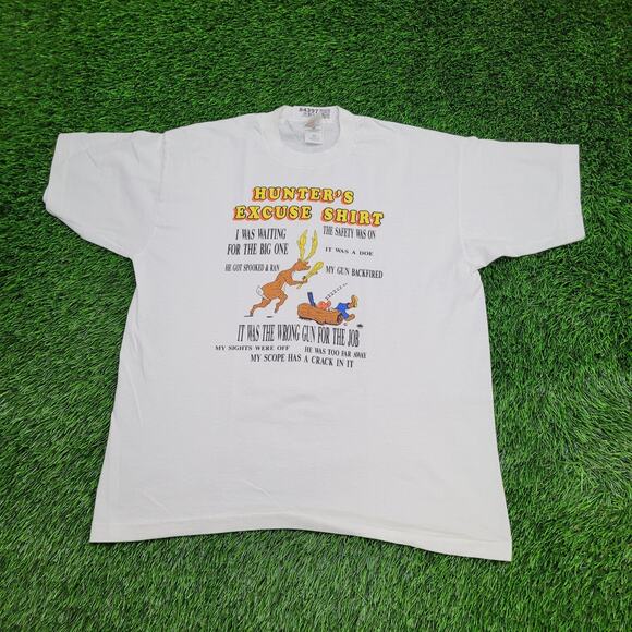 Vintage 90s Funny Deer Hunting Shirt Large 22x26 Crop USA - Picture 1 of 14